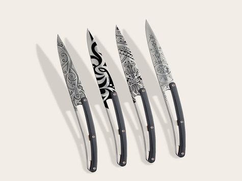 4 Deejo steak knives Prestige, Ebony wood / Tattoos of the World